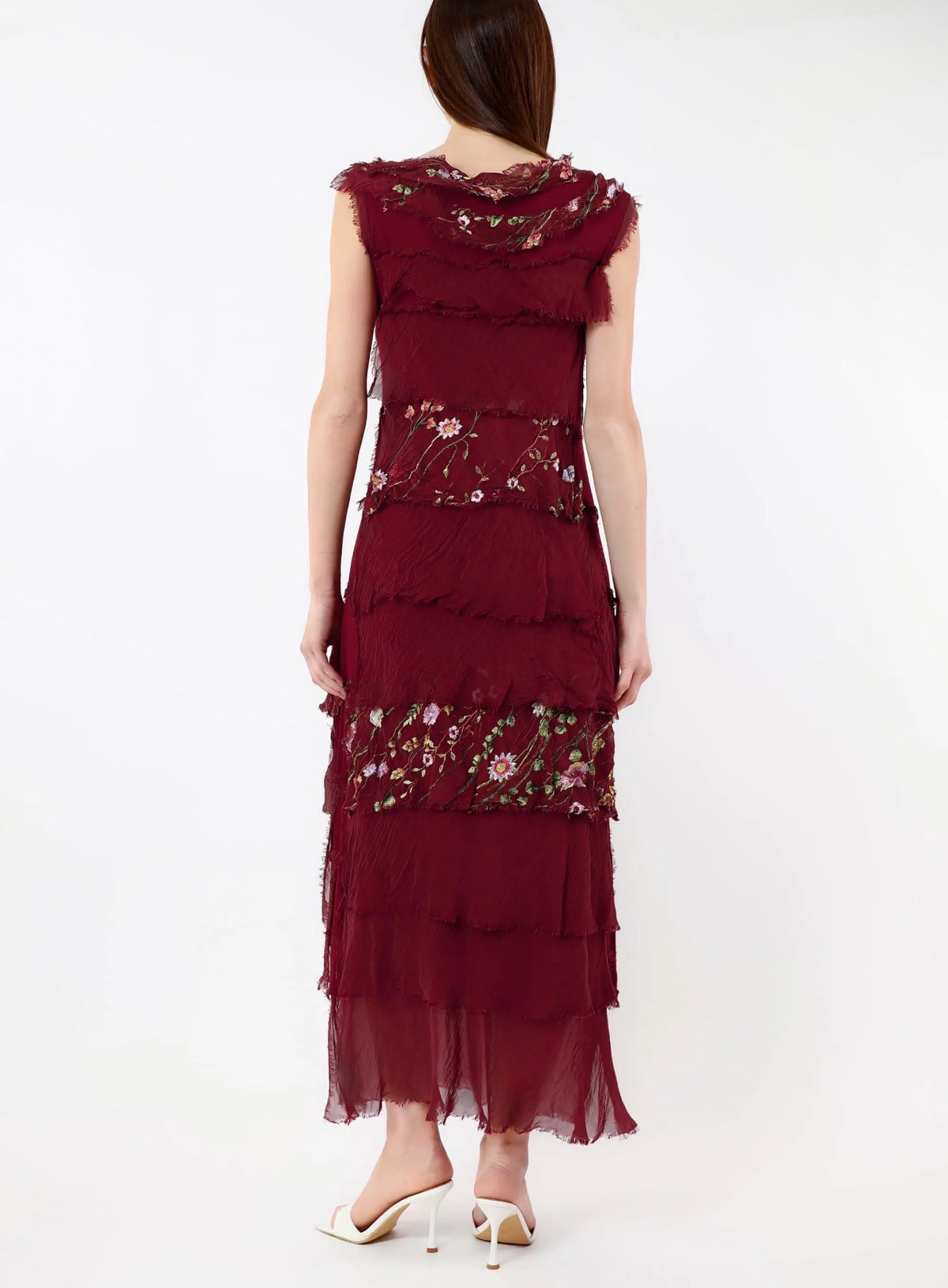Embroidered Italian Silk Maxi Ruffle Dress