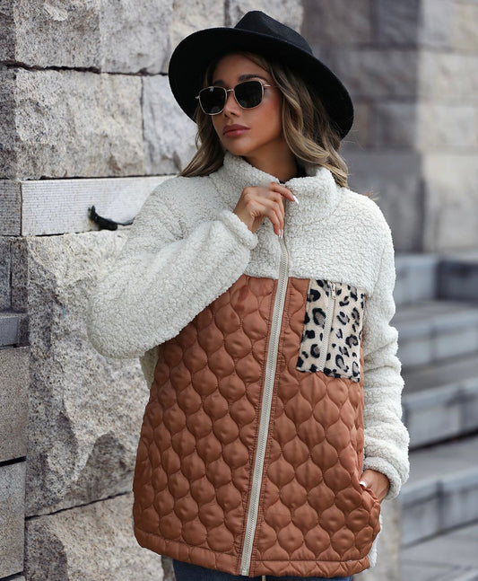 Leopard Color Block Zip-Up Jacket