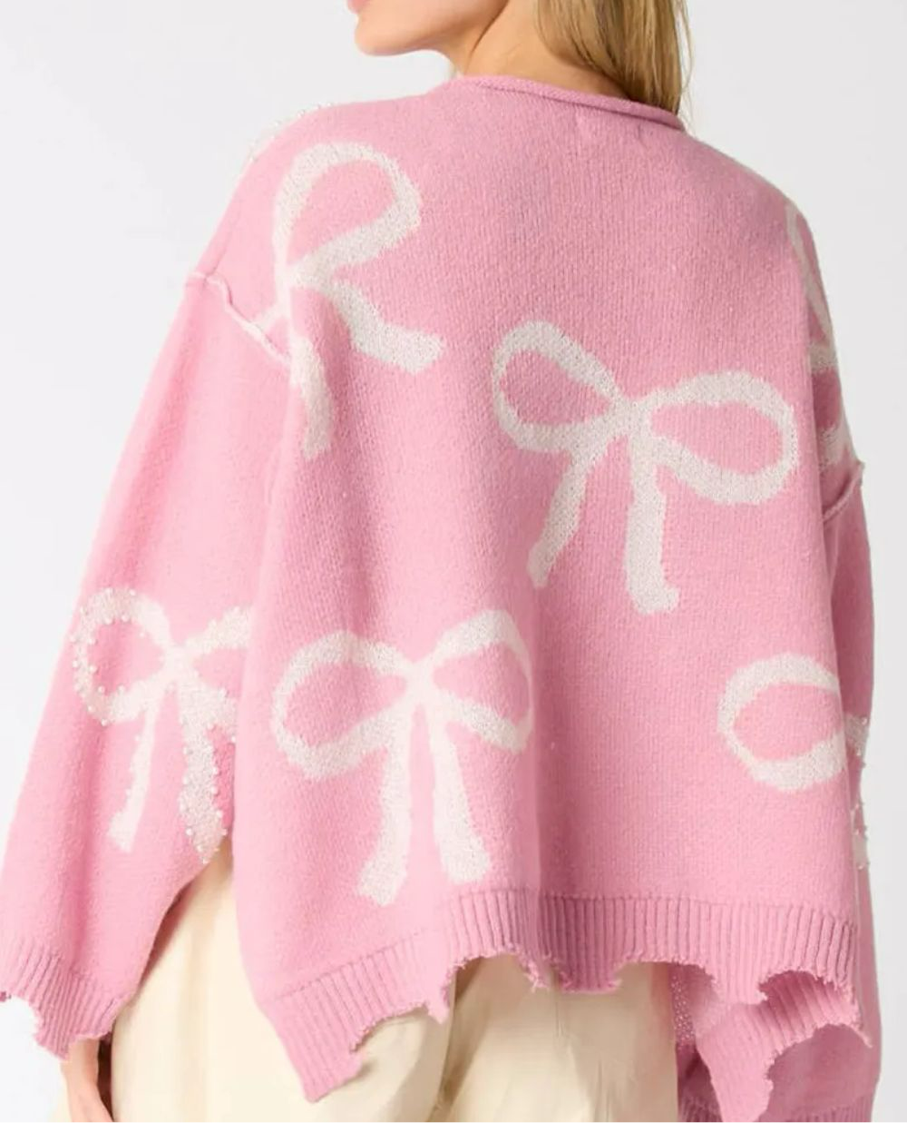 Pearl Detail Bow Round Neck Long Sleeve Sweater