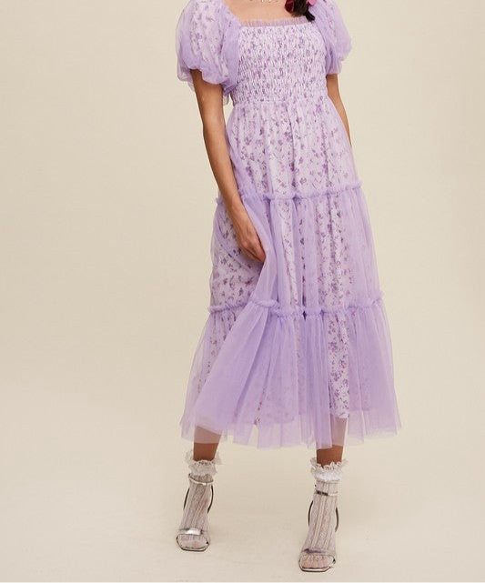 Floral Print and Mesh Puff Sleeve Maxi Dress