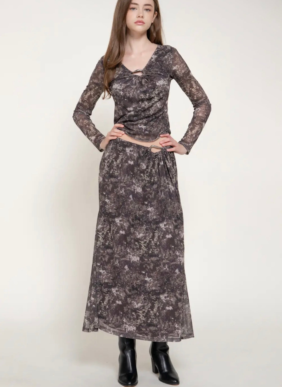 Printed mesh top and maxi skirt set with ruched neckline