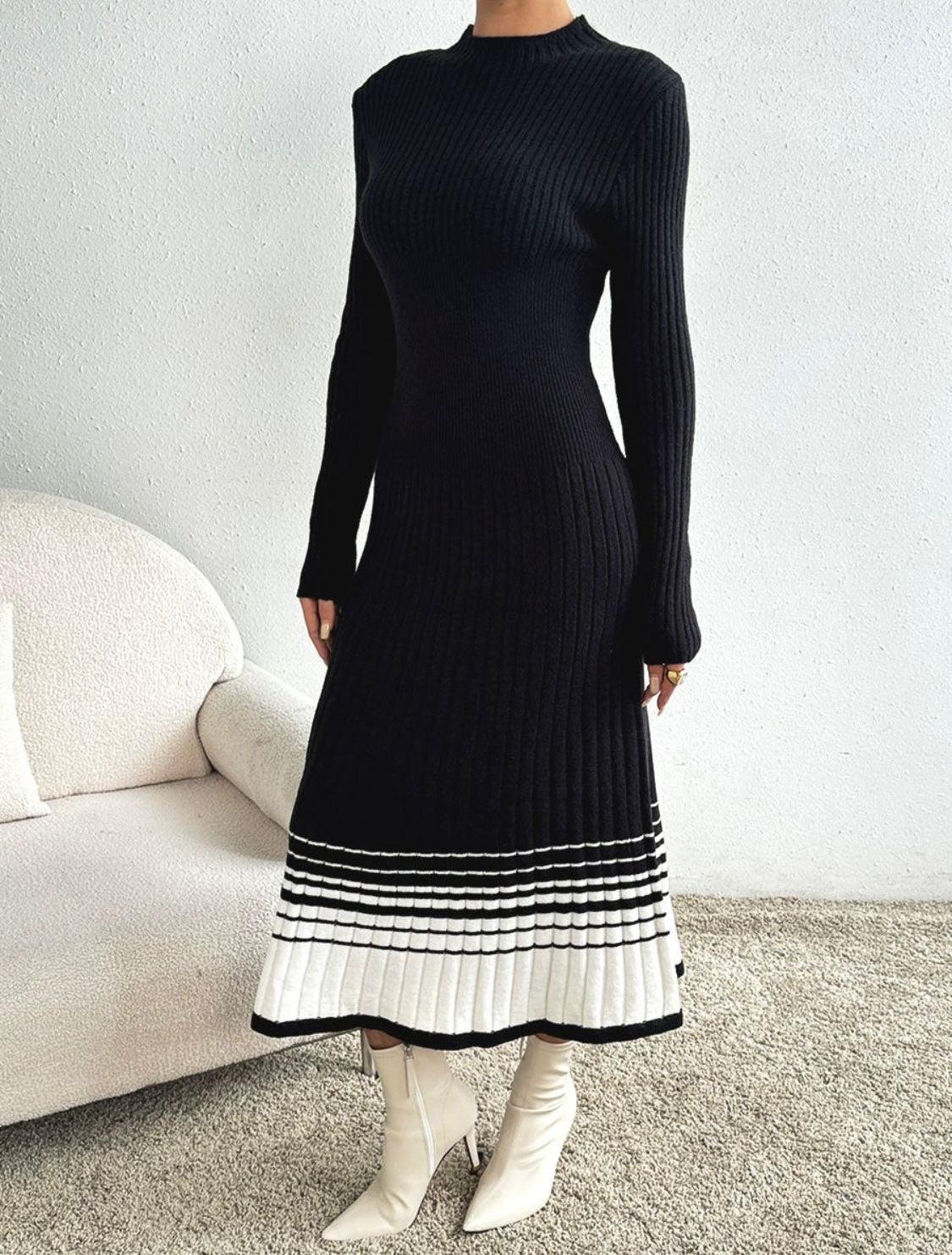 Contrast Mock Neck Long Sleeve Sweater Dress