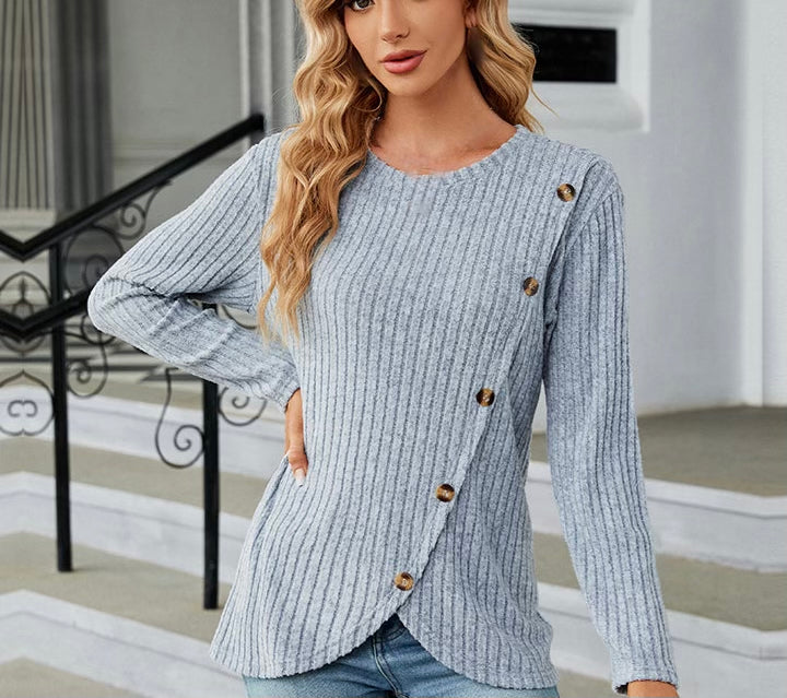 Round Neck Ribbed Button Detail Blouse