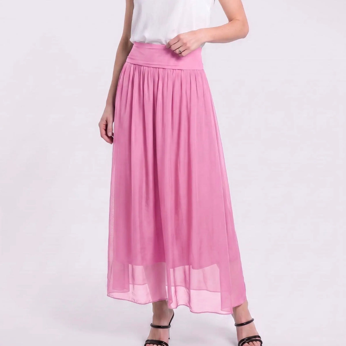 Italian Silk Foldover Waist Skirt (Pink)