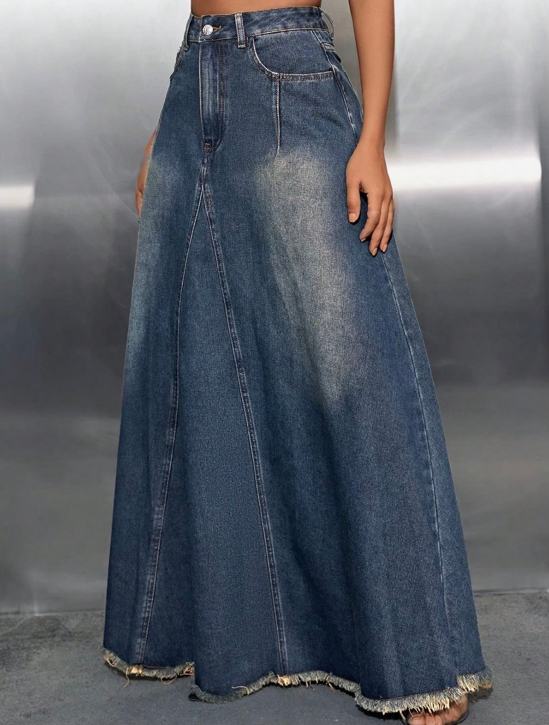 Raw Hem High Waist Denim Skirt with Pockets