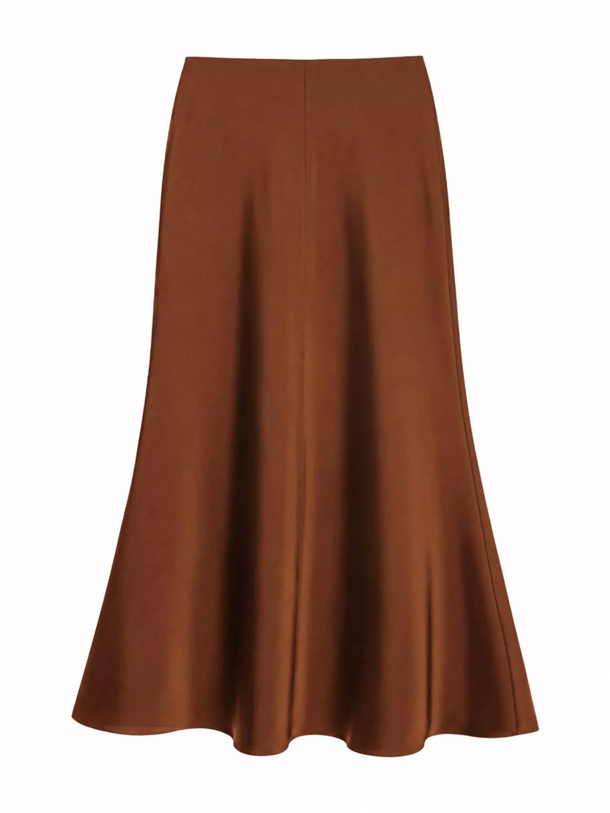 Caramel satin midi skirt shown from the front, with a high waist and flared hem