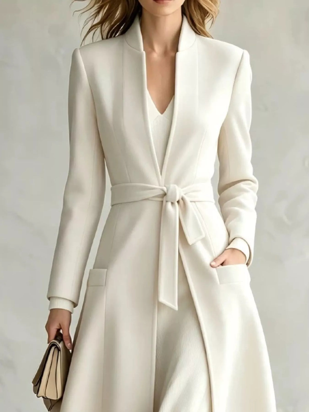 White long sleeve tie-waist coat with V-neck and front self-tie belt