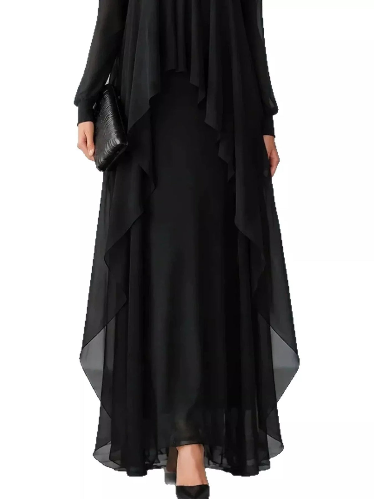 Black chiffon maxi dress showing sheer layered hem and long skirt