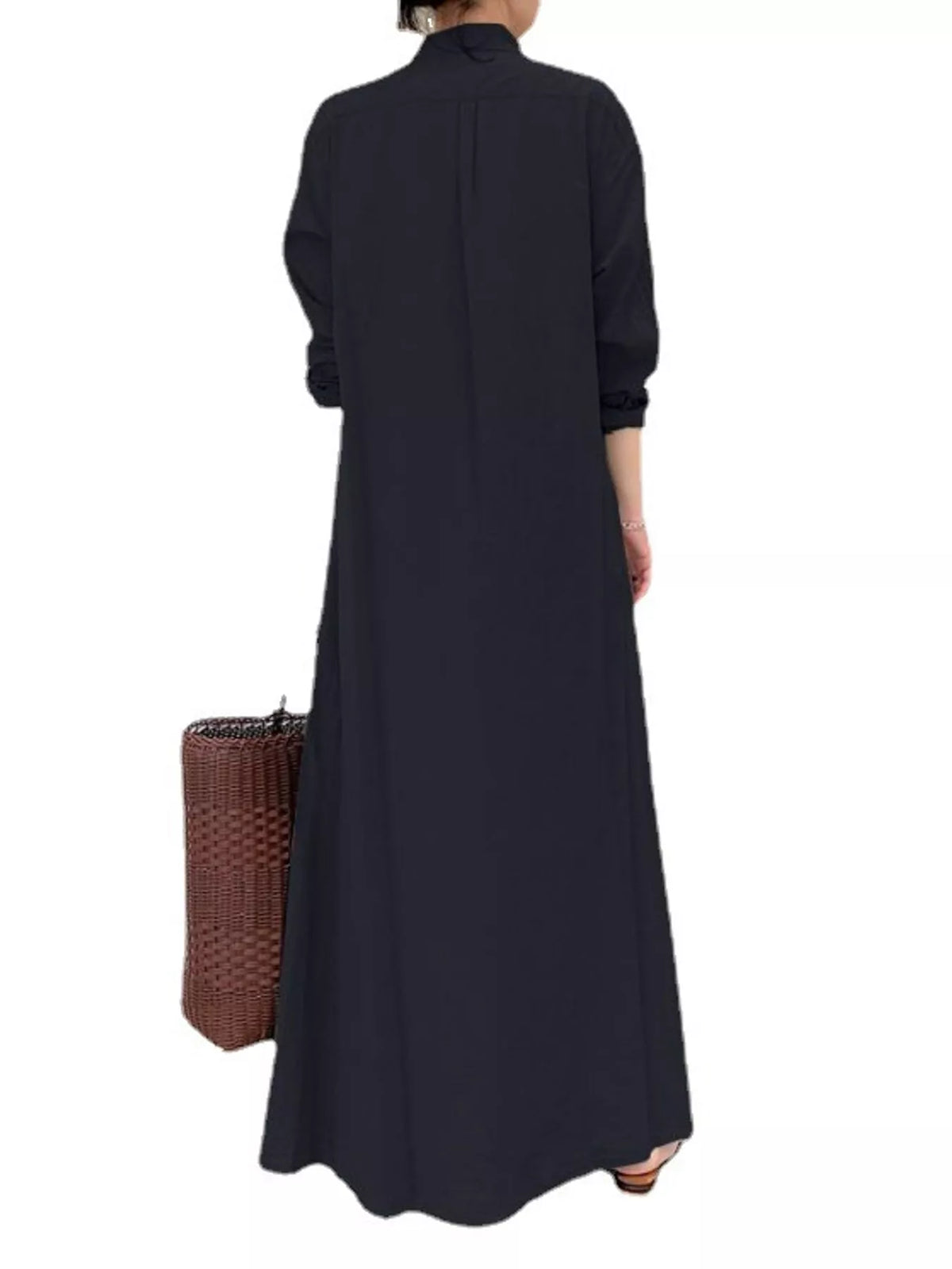 Black button-front long sleeve maxi shirt dress from back view