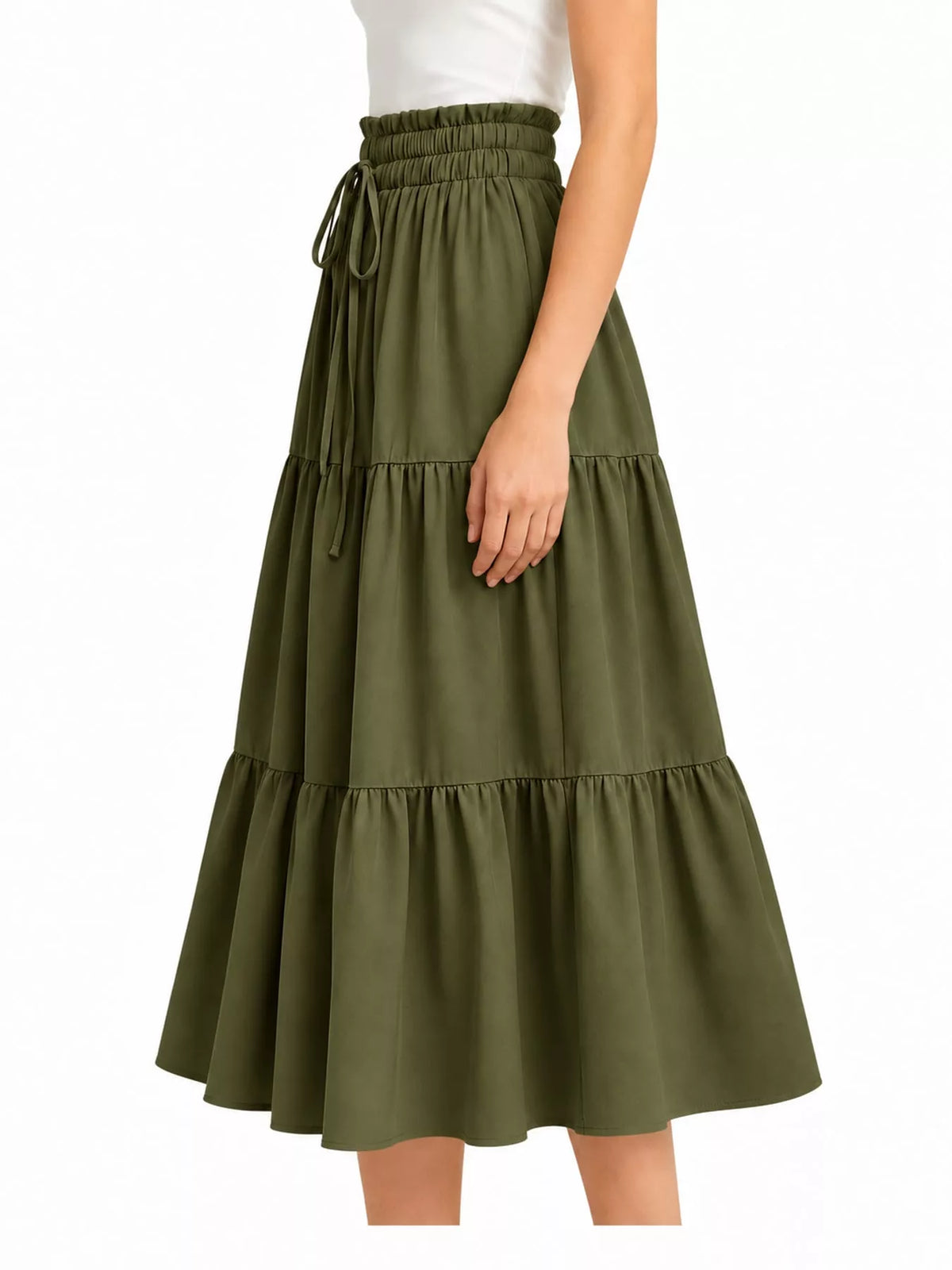 Olive green tiered midi skirt with drawstring waistband and three gathered ruffle tiers