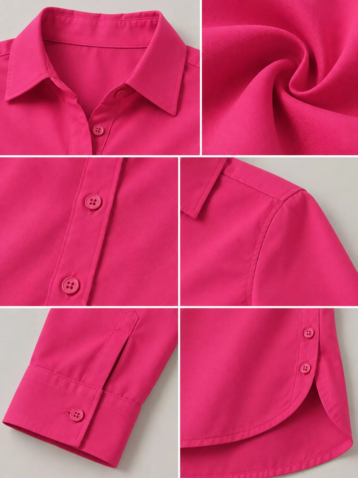 Fuchsia pink button-up shirt detail: pointed collar, button placket, and long cuff.