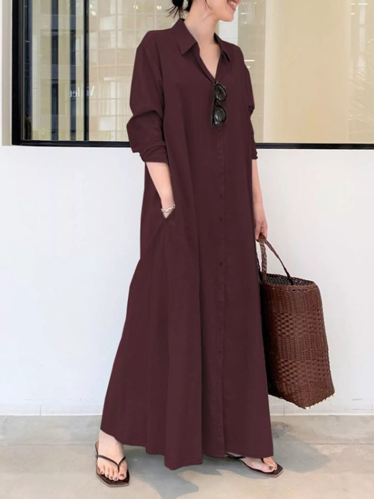Wine red button-front long-sleeve maxi shirt dress with V neckline