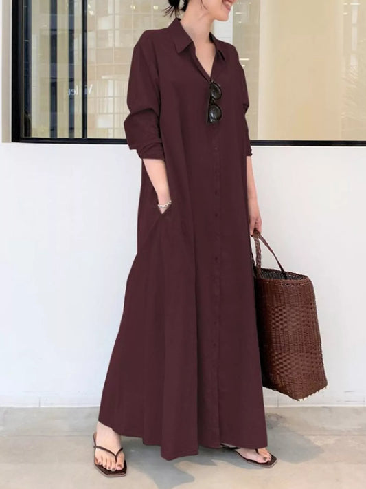 Wine red button-front long-sleeve maxi shirt dress with V neckline