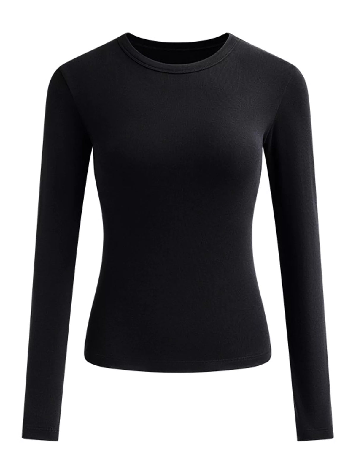 Black slim-fit long sleeve crew neck T-shirt, flat lay on white background.