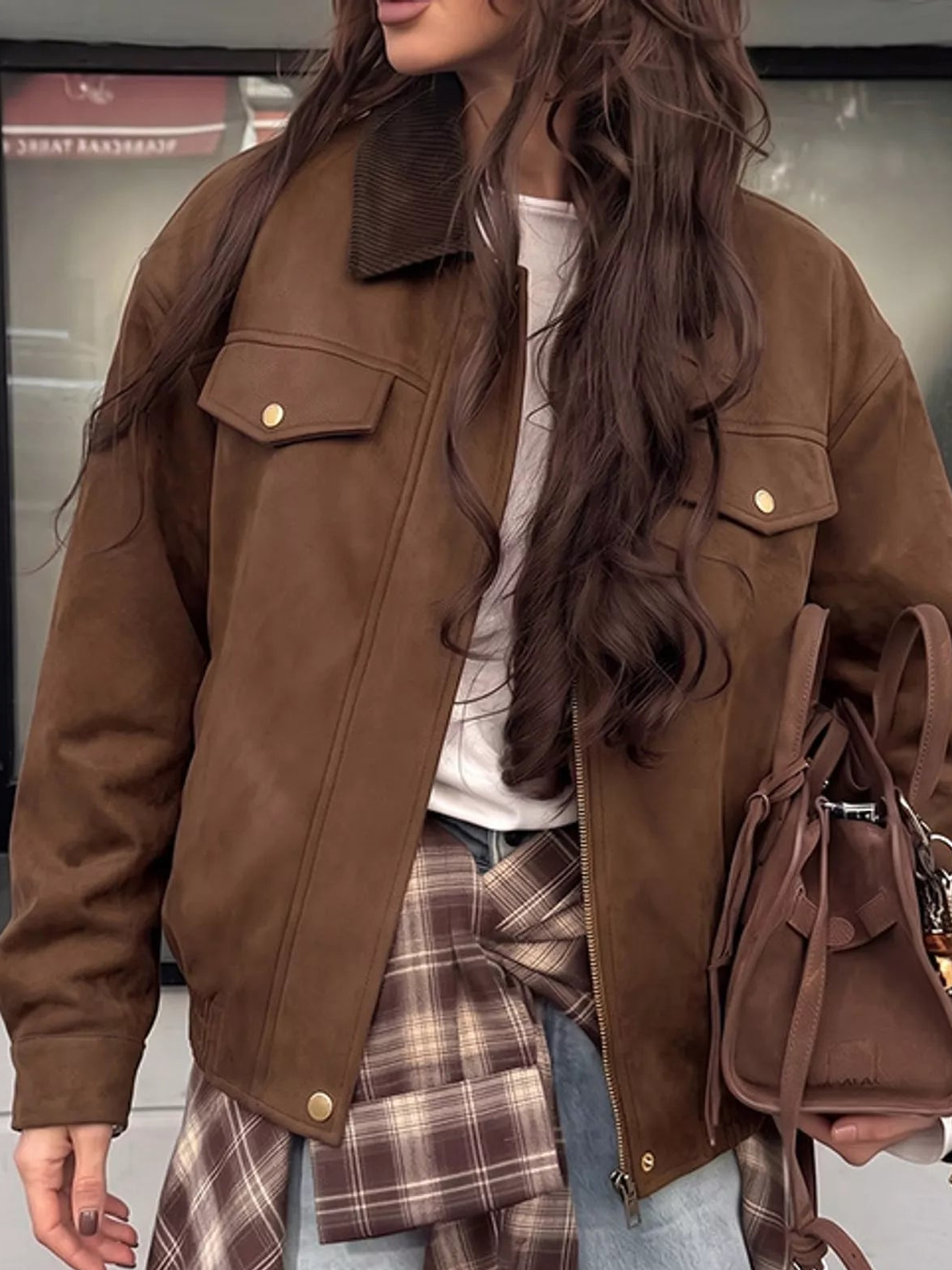Coffee brown zip-up dropped-shoulder jacket with two chest flap pockets