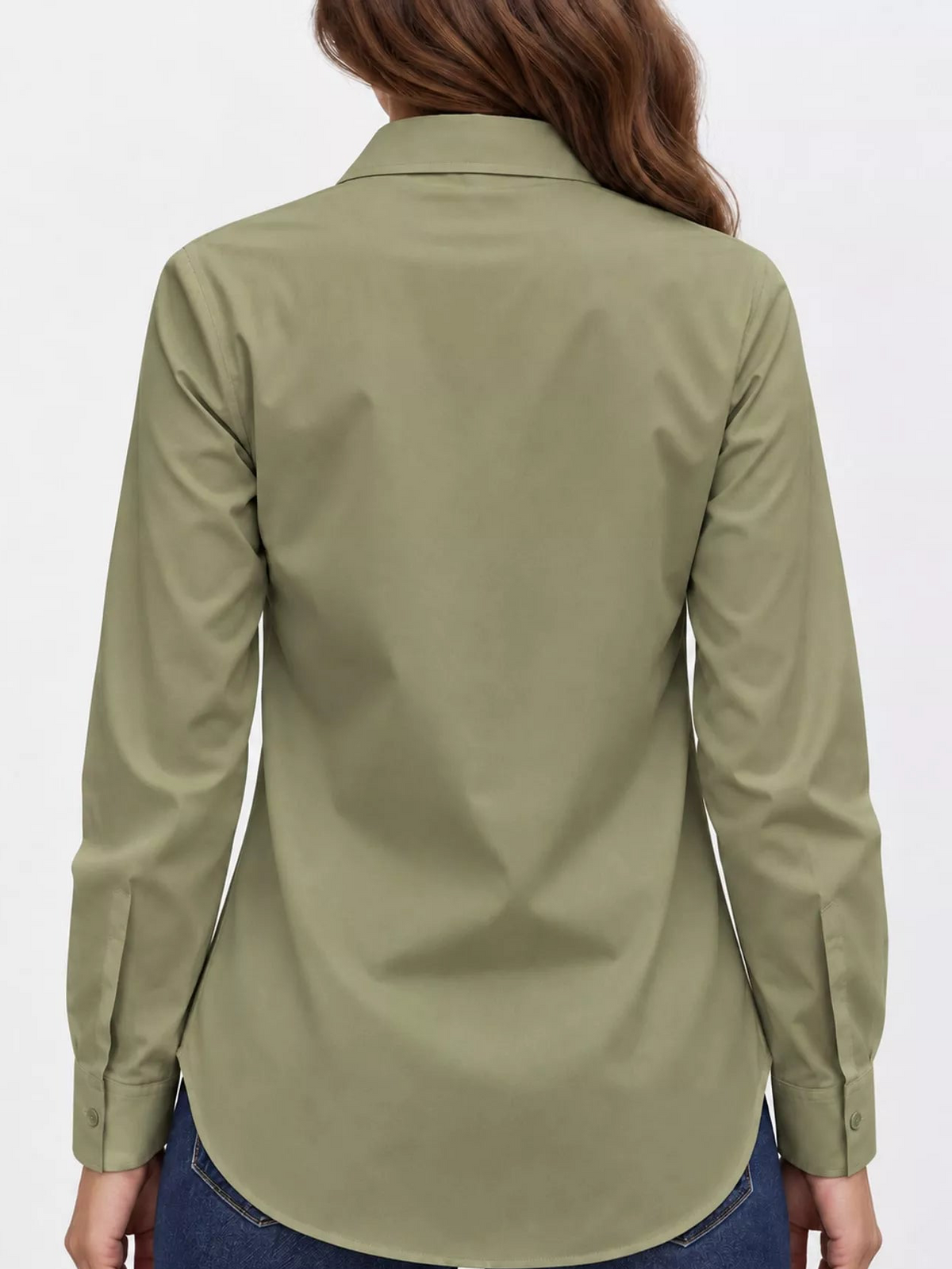 Olive green button-up long sleeve shirt, back view with yoke and sleeves