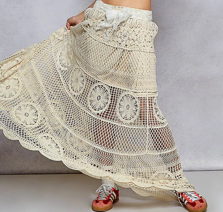 POL Crochet Floral Flared Skirt with Elastic Waist Band