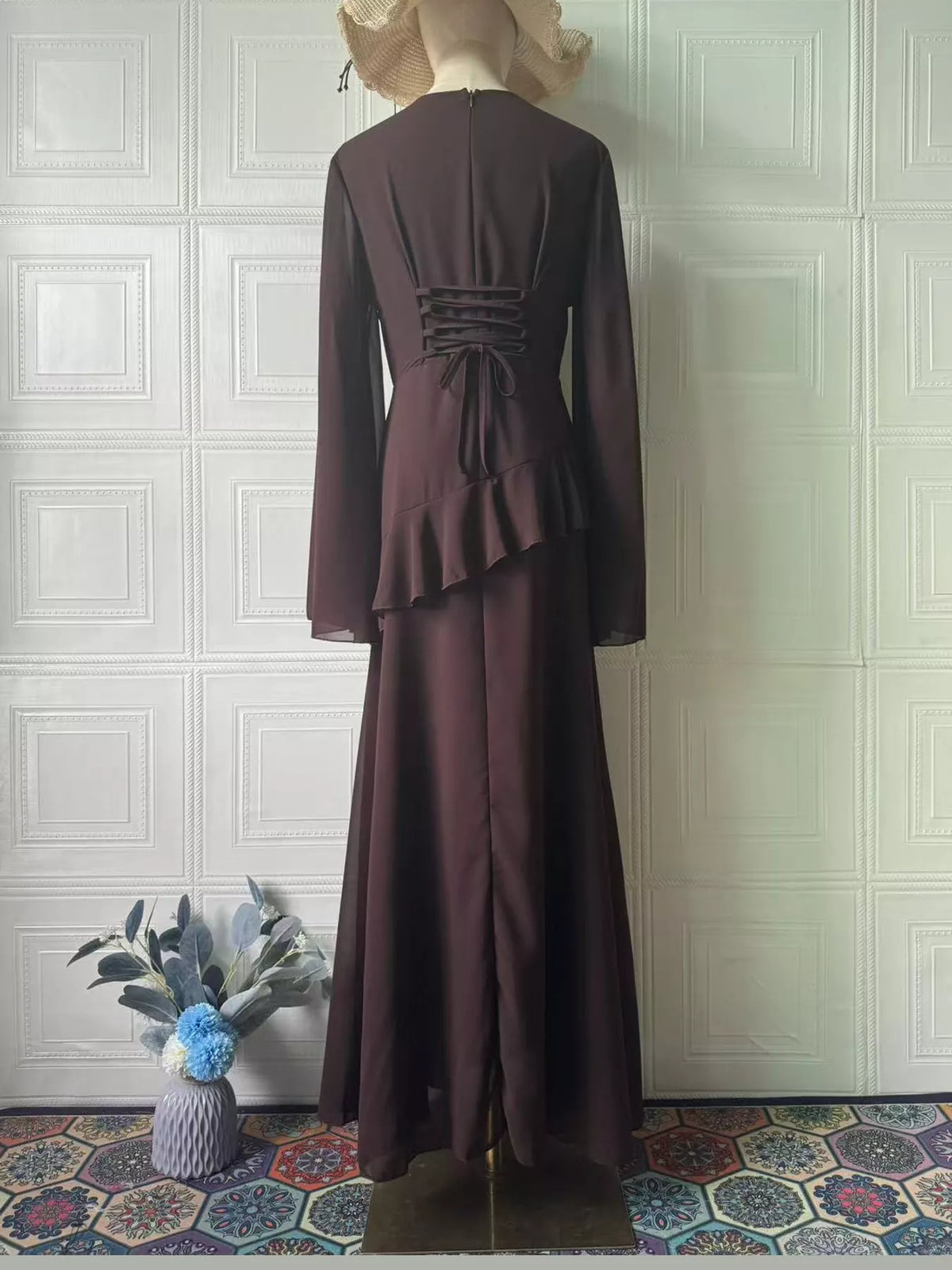 Plus size ruffled flare sleeve maxi dress in dark plum, full back view with neck tie detail