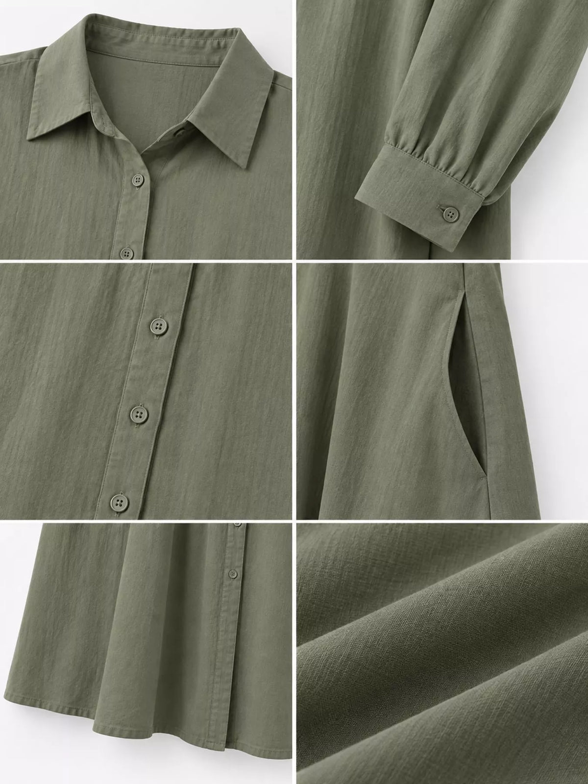 Olive green button-front long-sleeve maxi shirt dress, pointed collar and button placket close-up