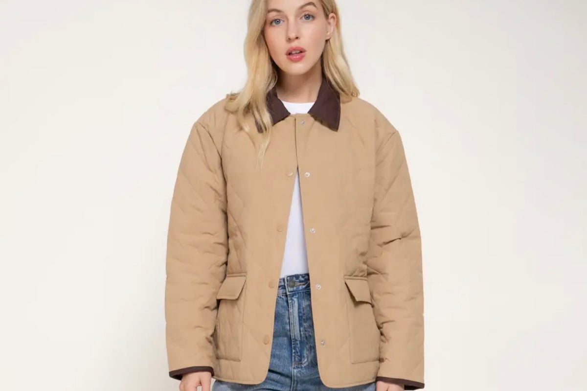 Tan quilted puffer jacket with brown lapel collar, button front, side pockets