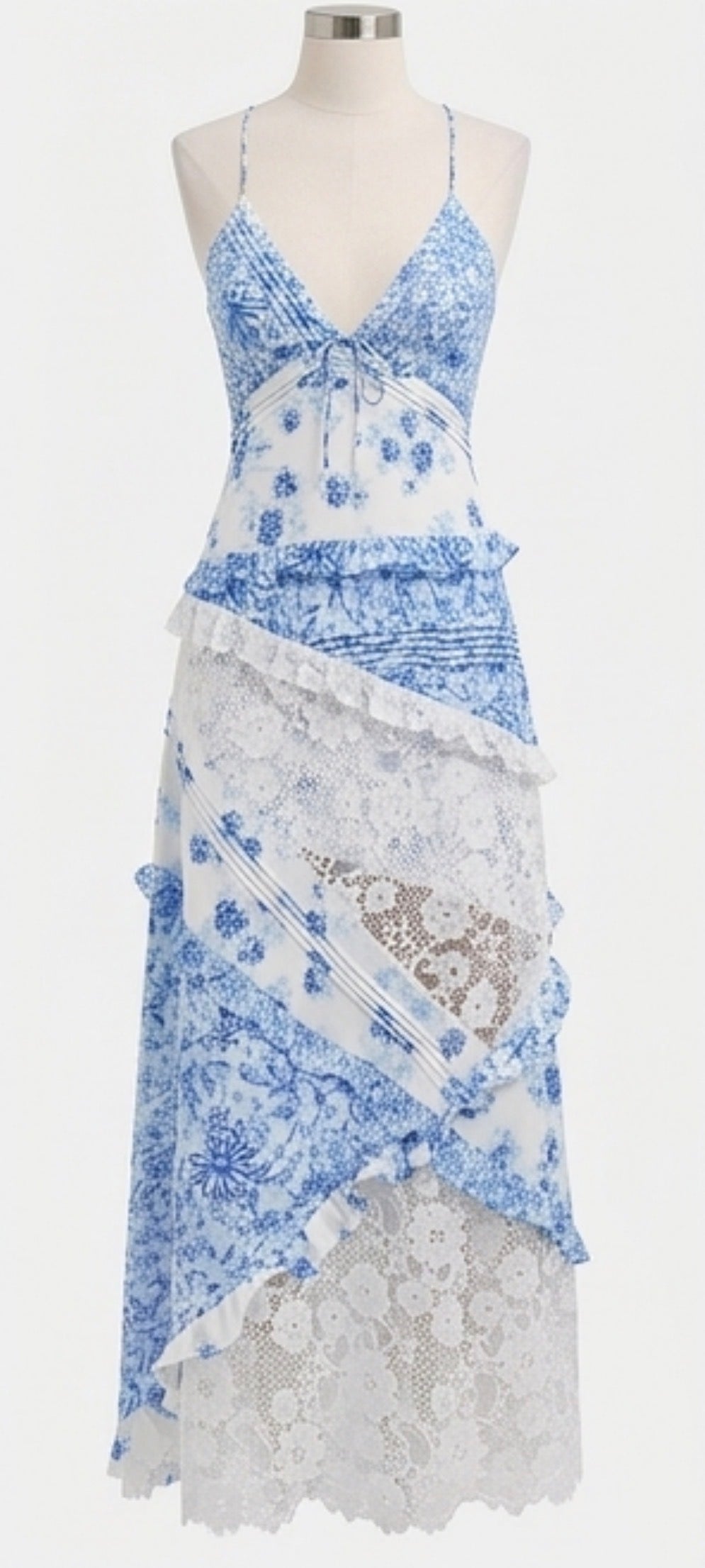 Lace Floral Print Ruffle Trim Maxi Dress