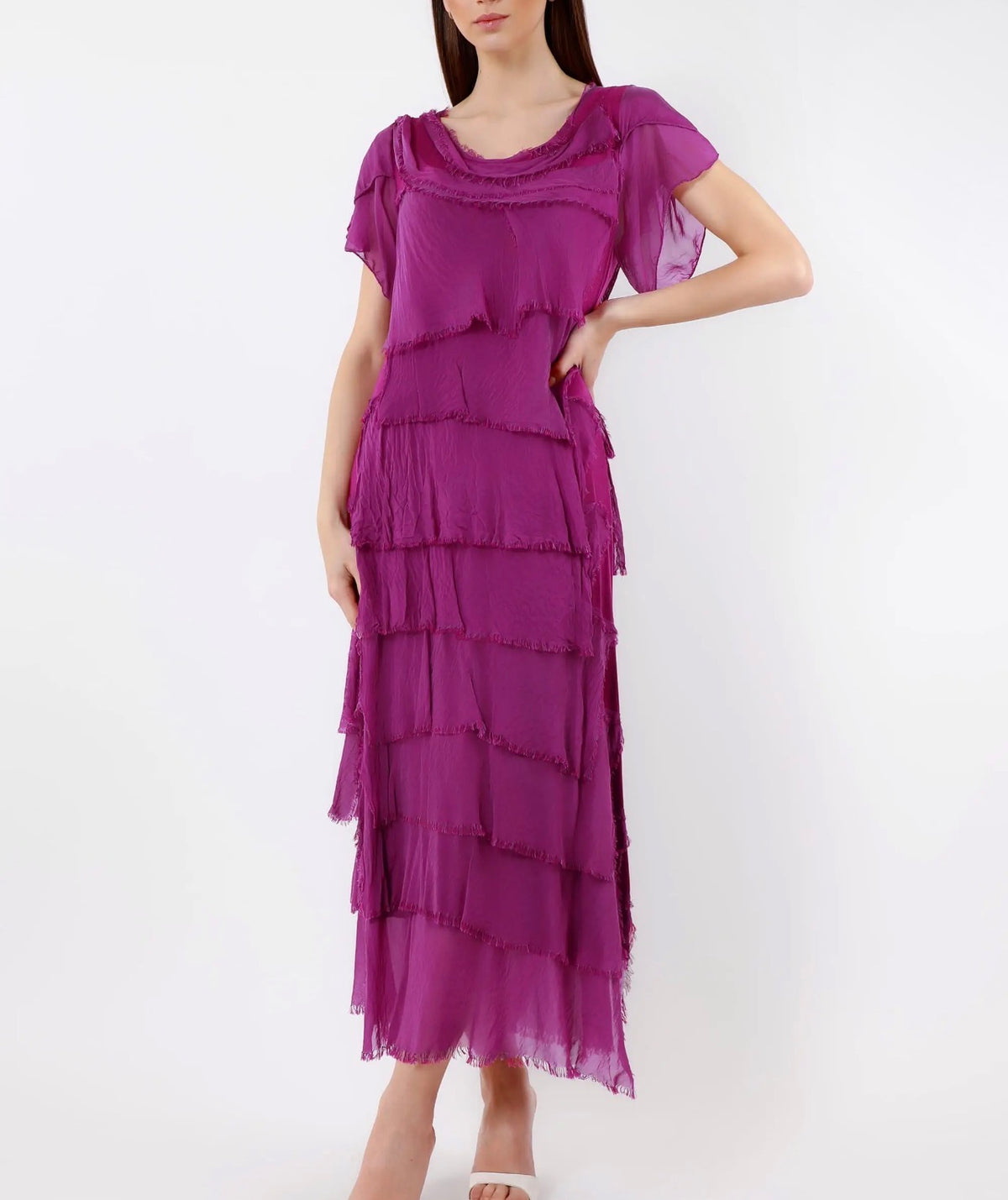 Italian Silk Miriam Short Sleeve Ruffle Dress (orchid)