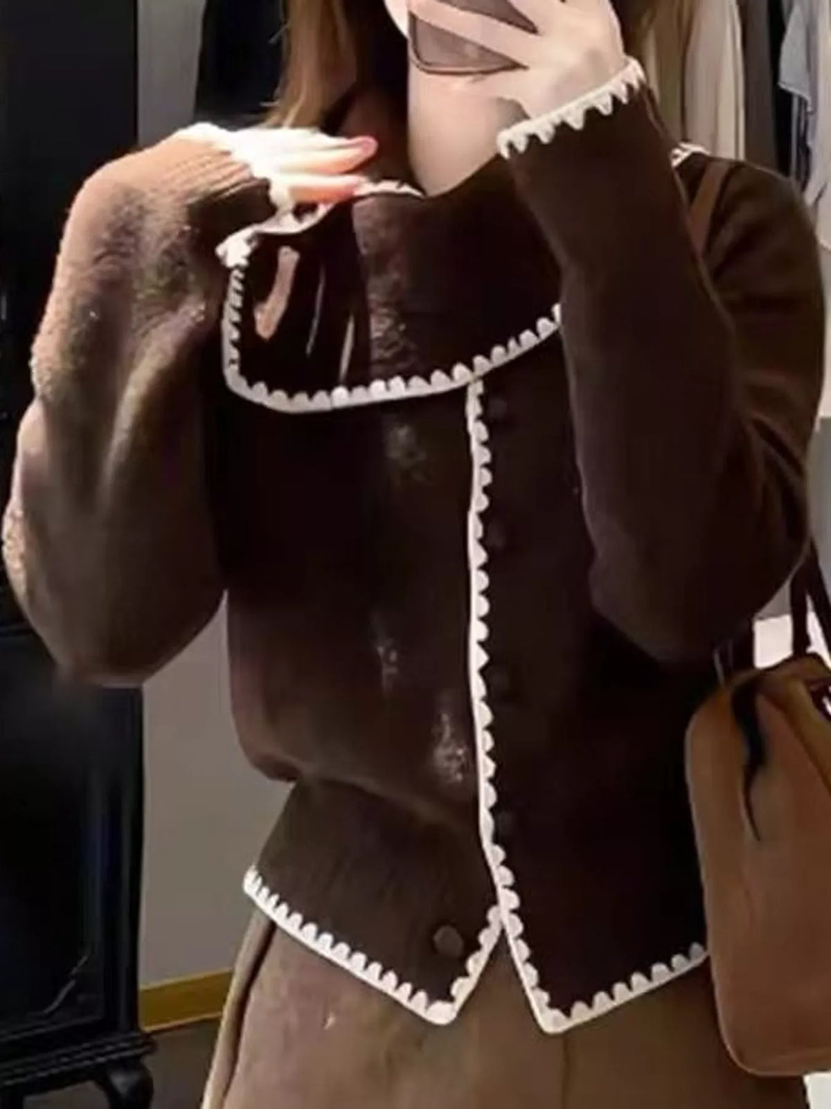 Coffee-brown scarf-collar cardigan with pale contrast trim, front buttons, and ribbed cuffs