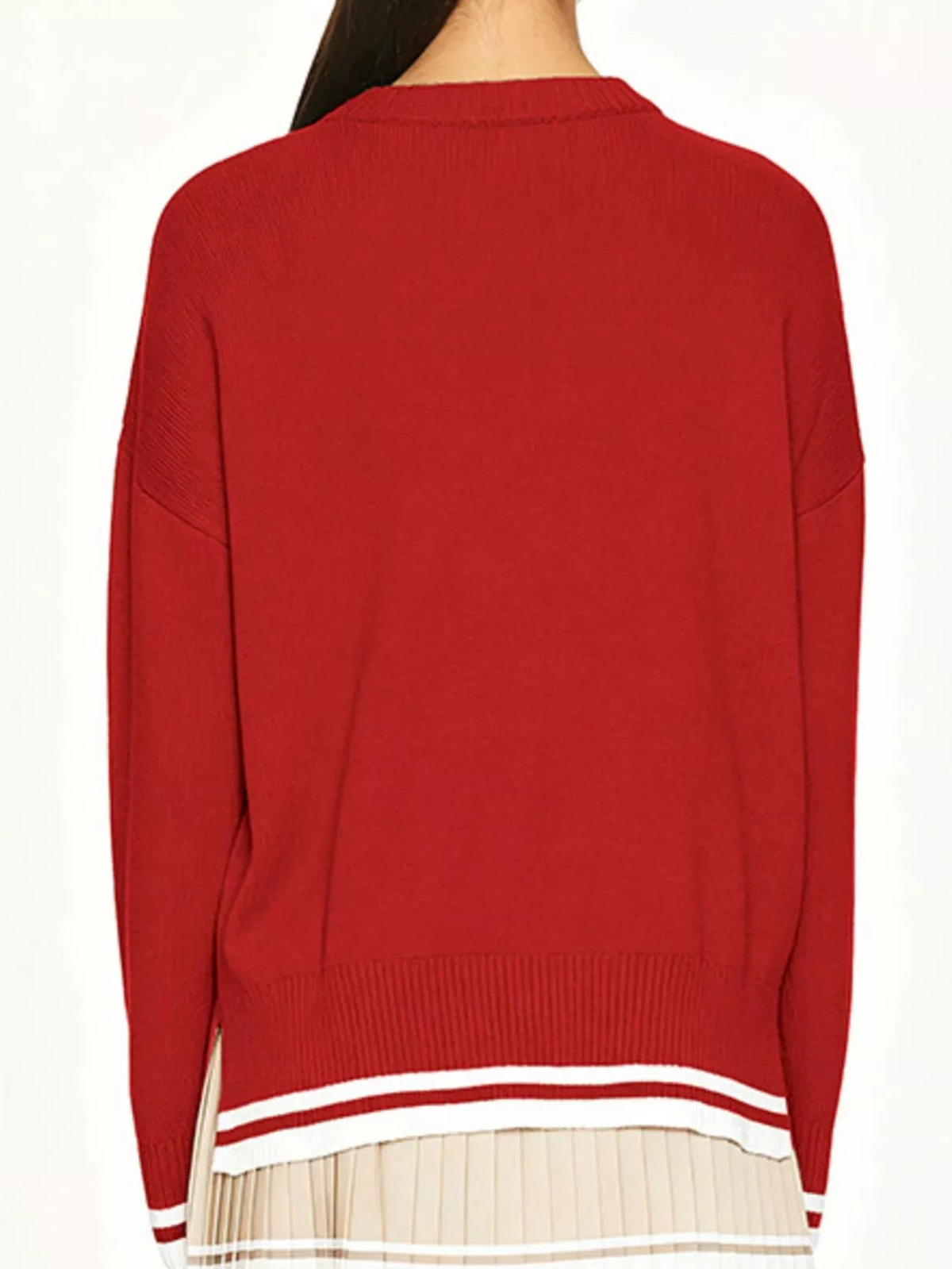 Red sweater back view with ribbed hem and white striped border at bottom