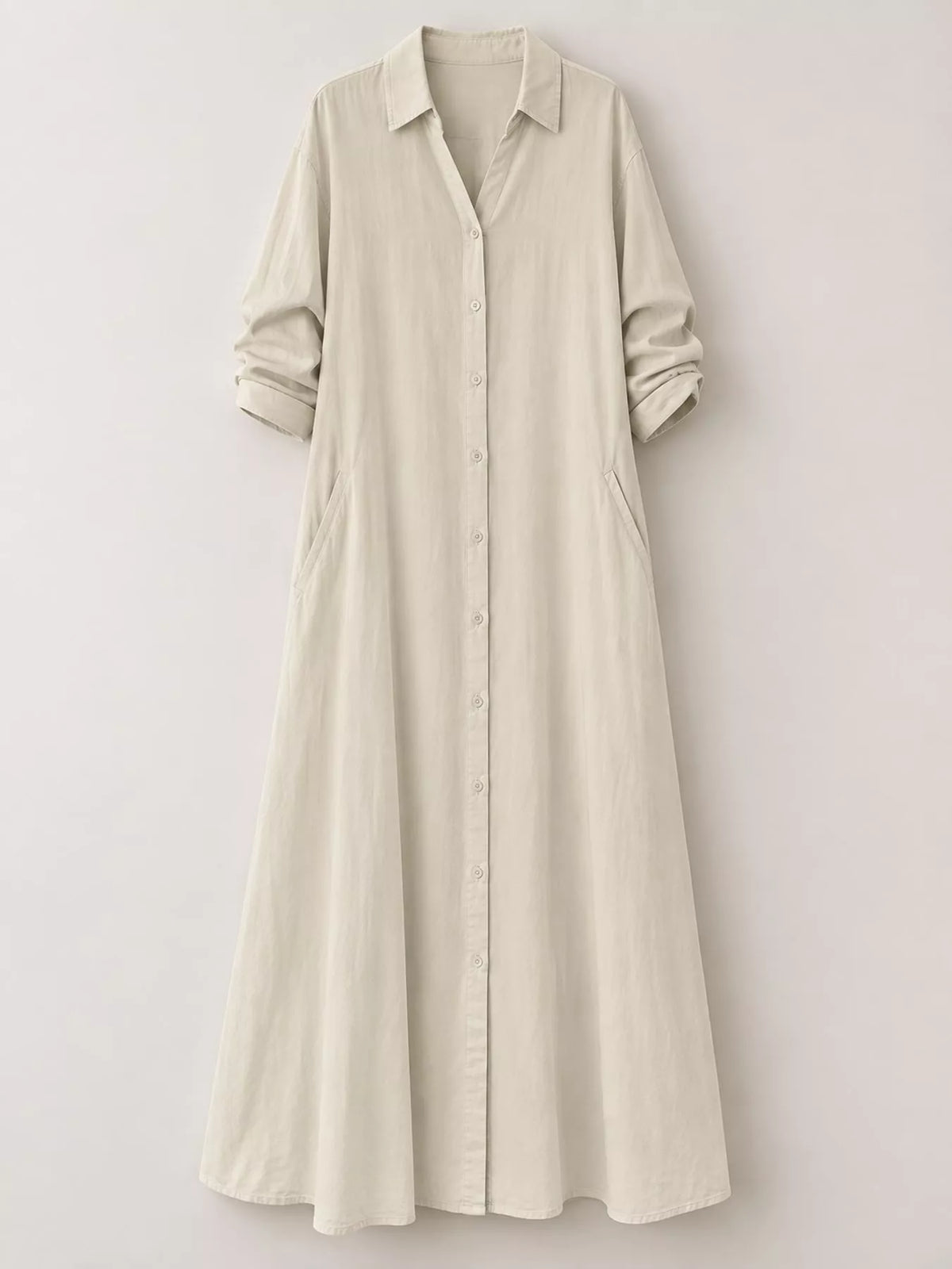 Light beige button-front long sleeve maxi shirt dress front view with button placket