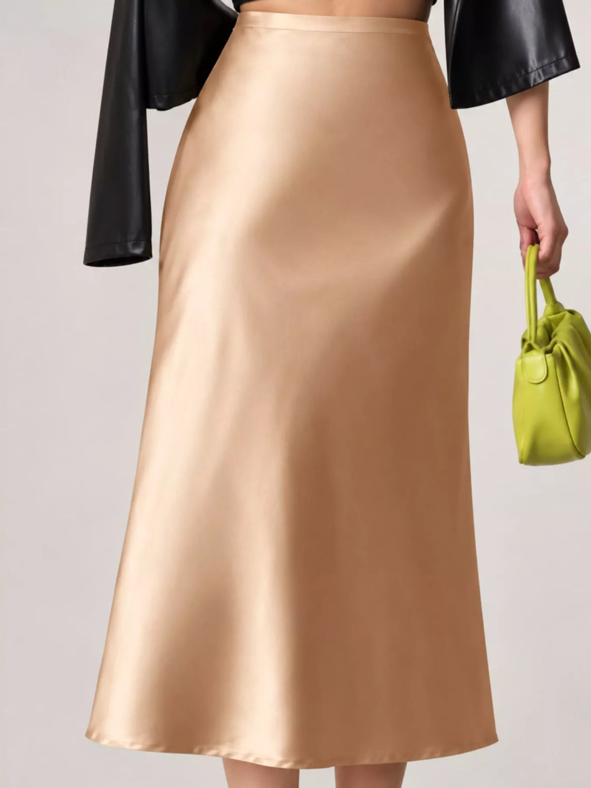 High-waisted satin midi skirt in khaki, smooth satin sheen with straight hem