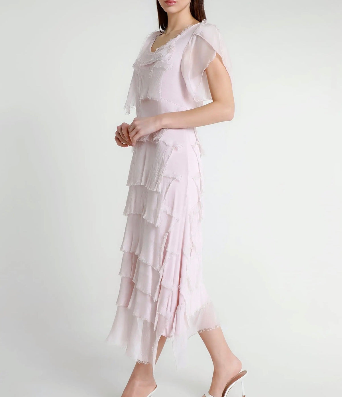 Italian Silk Miriam Short Sleeve Ruffle Dress (Blush)