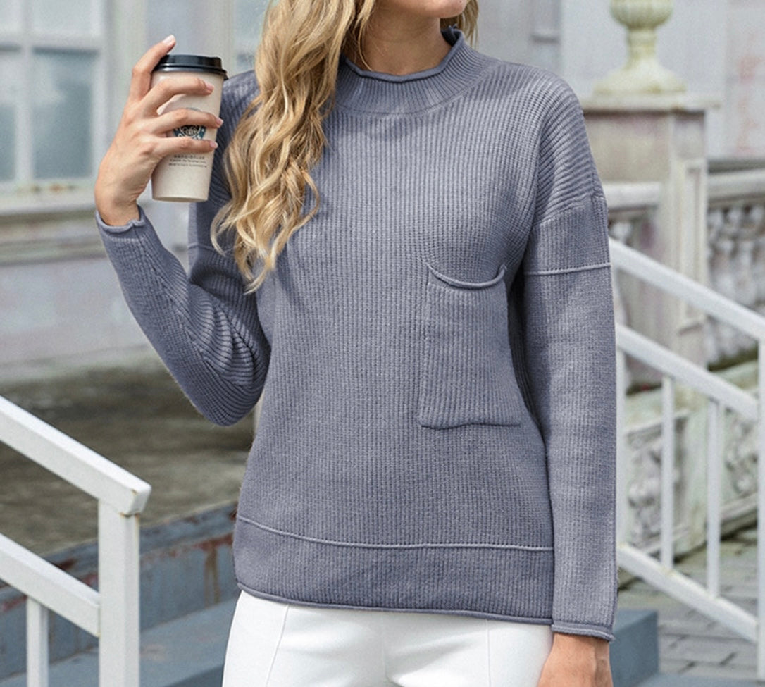 Ribbed Round Neck Dropped Shoulder Sweater