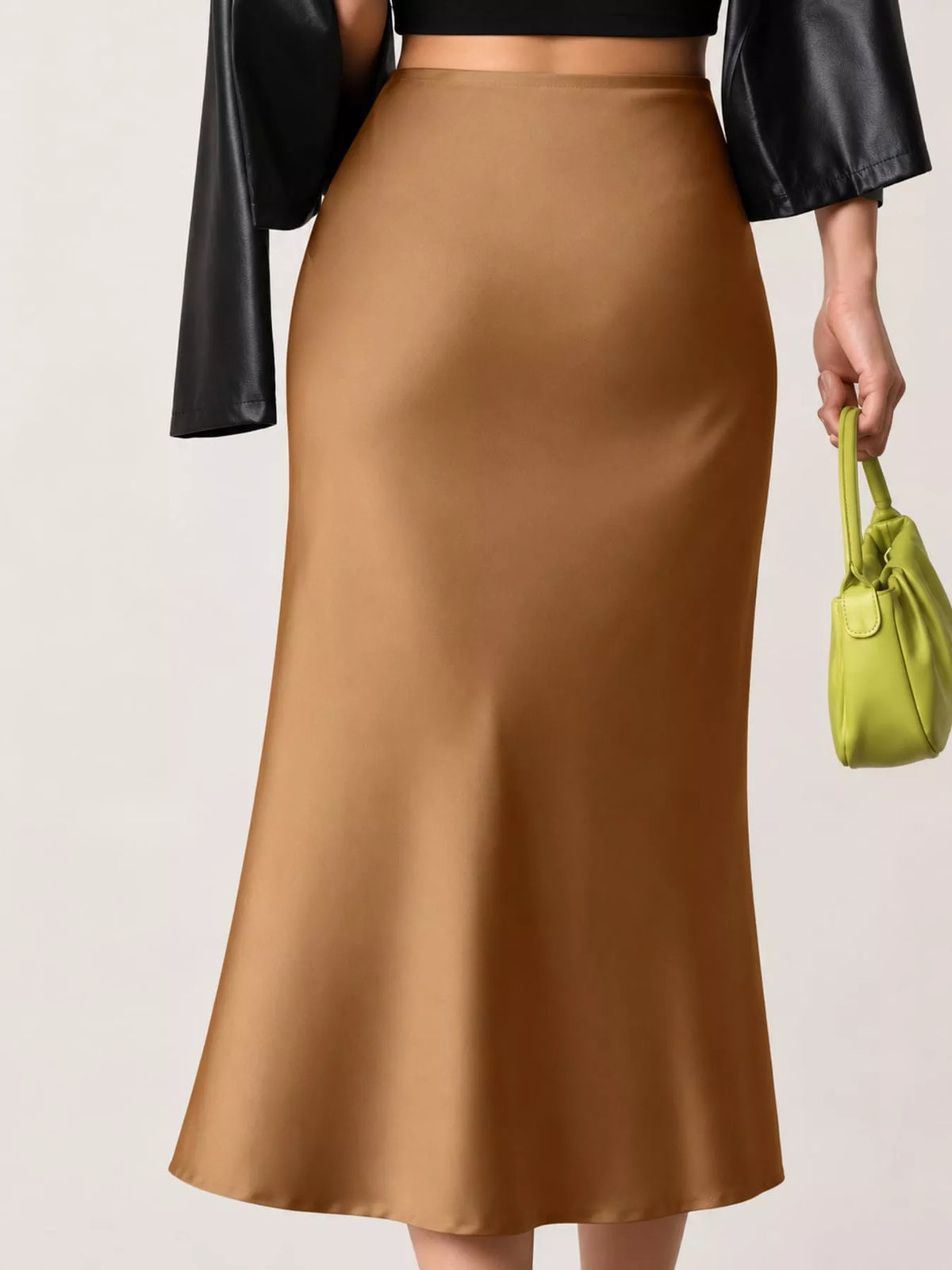 Nude tan satin high-waisted midi skirt, straight A-line silhouette with satin sheen