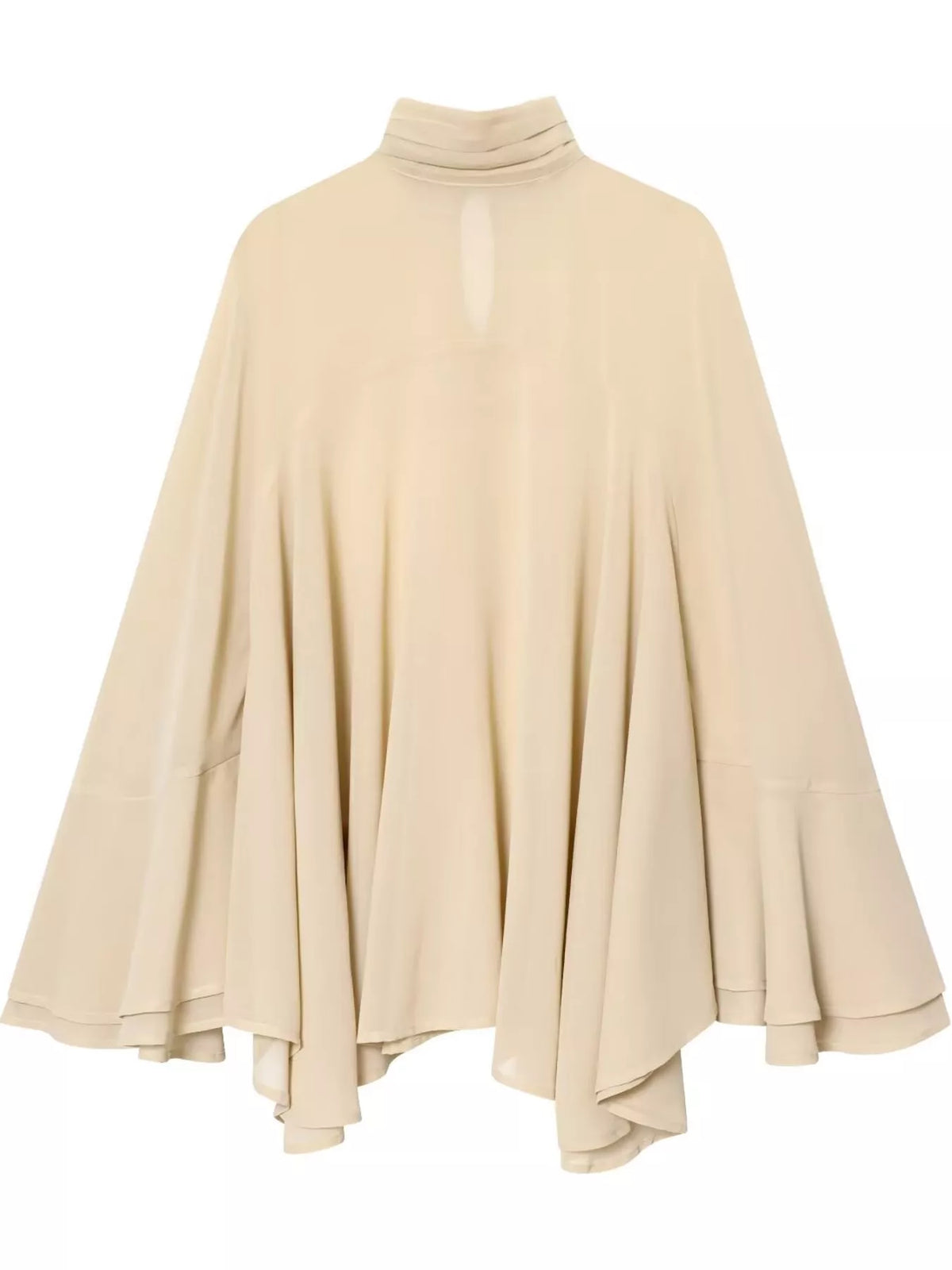 Back view of the apricot chiffon cover-up, showing its neck keyhole and flowing shape