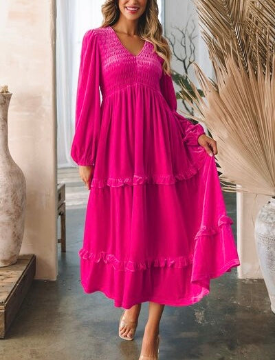 Frill V-Neck Balloon Sleeve Tiered Dress