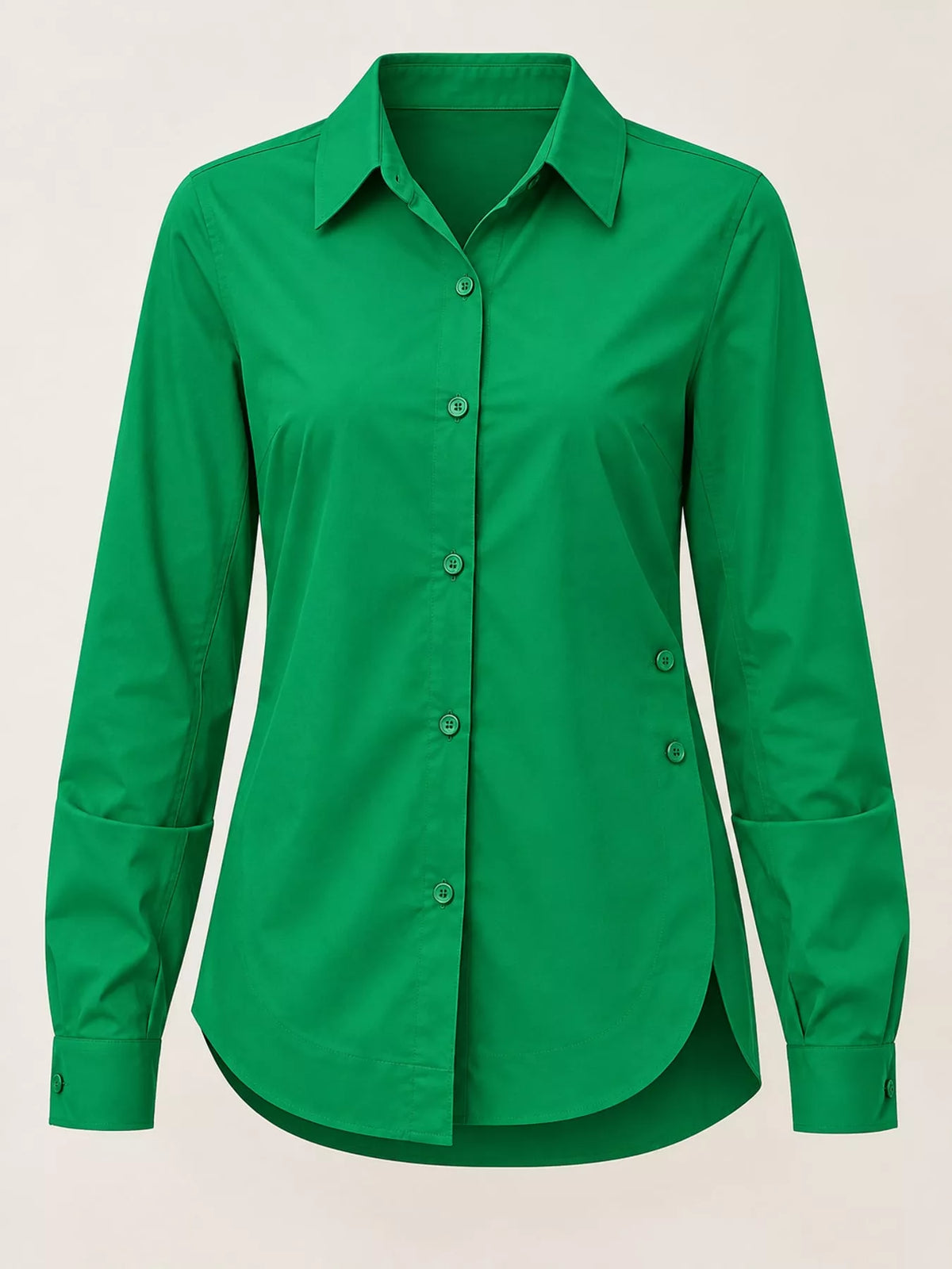 Green long-sleeve button-up shirt, front view with pointed collar and button placket.