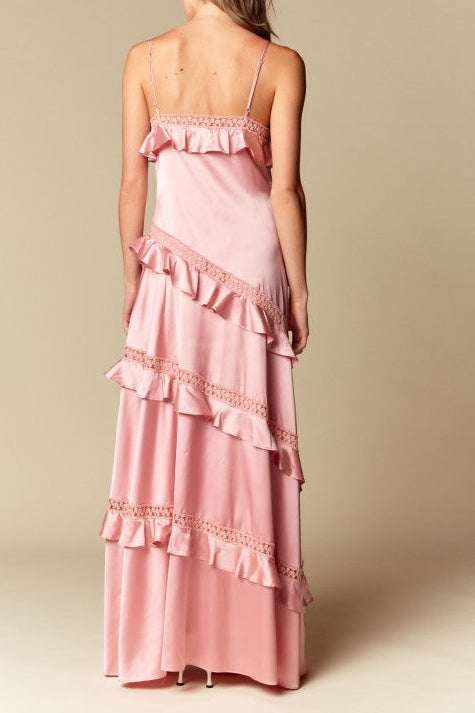RUFFLE LACE TRIM SATIN MAXI DRESS
