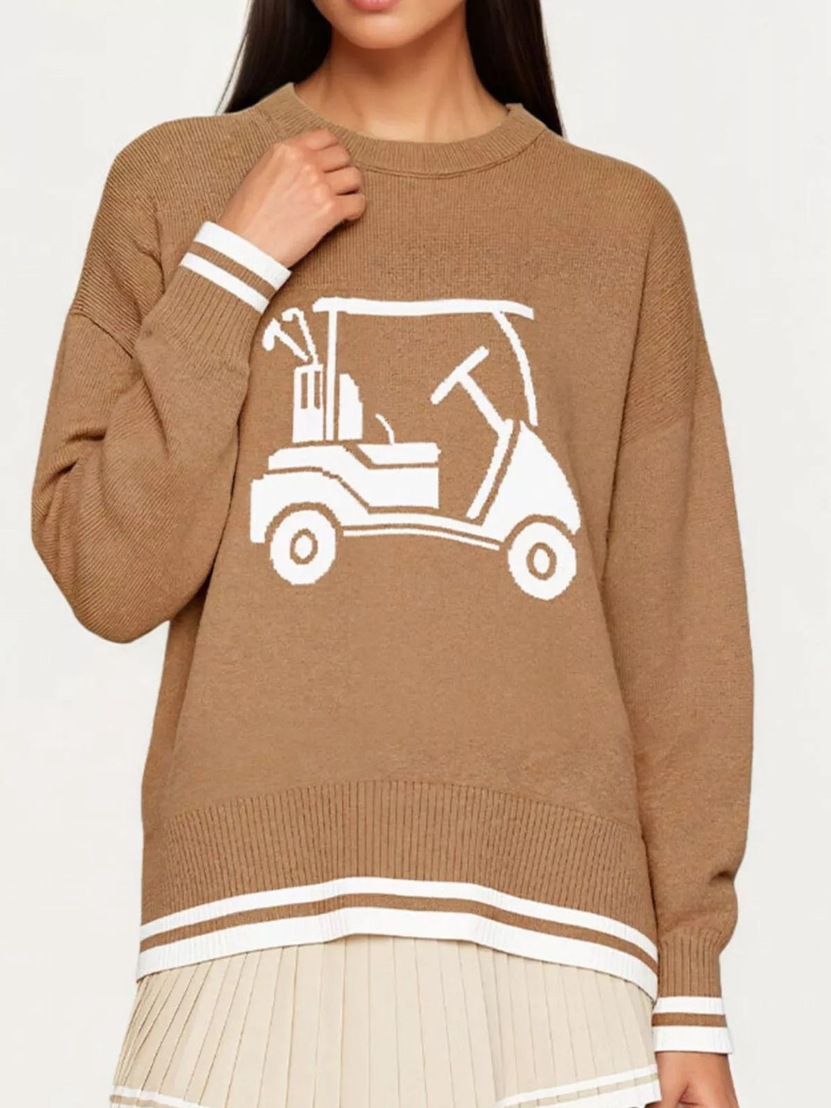 Khaki golf cart graphic dropped-shoulder sweater with ribbed cuffs and white striped hem