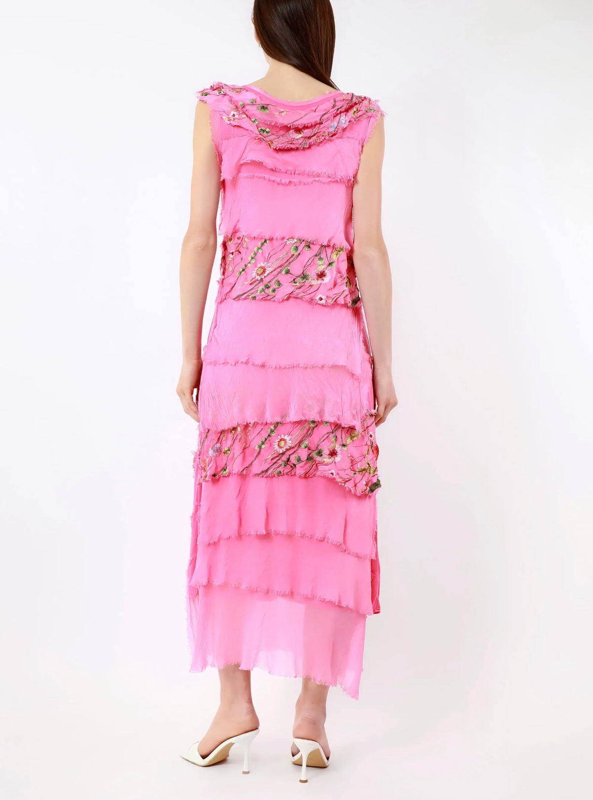 Embroidered Italian Silk Maxi Ruffle Dress