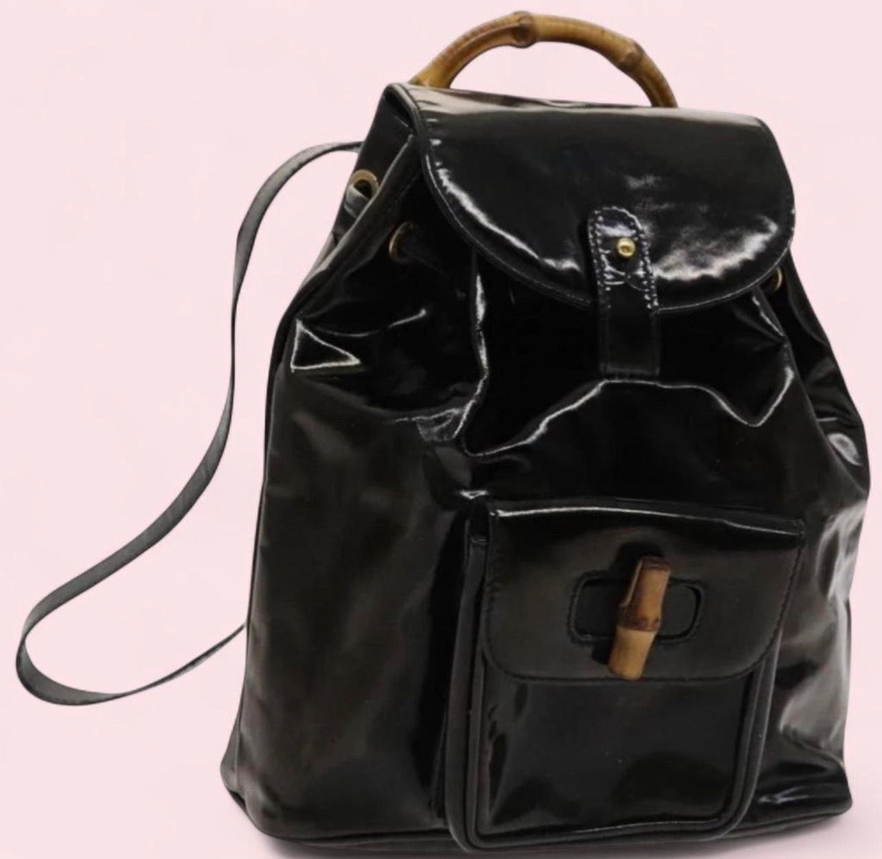 Vintage (authentic) GUCCI black enamel backpack with bamboo handles