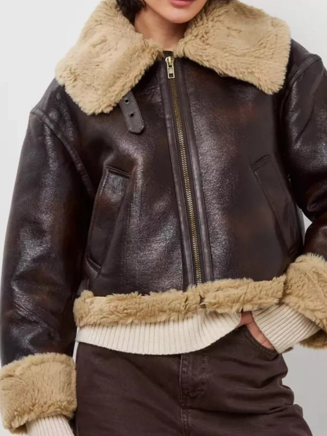Dark coffee faux leather aviator jacket with plush shearling collar, zip front, snap pockets
