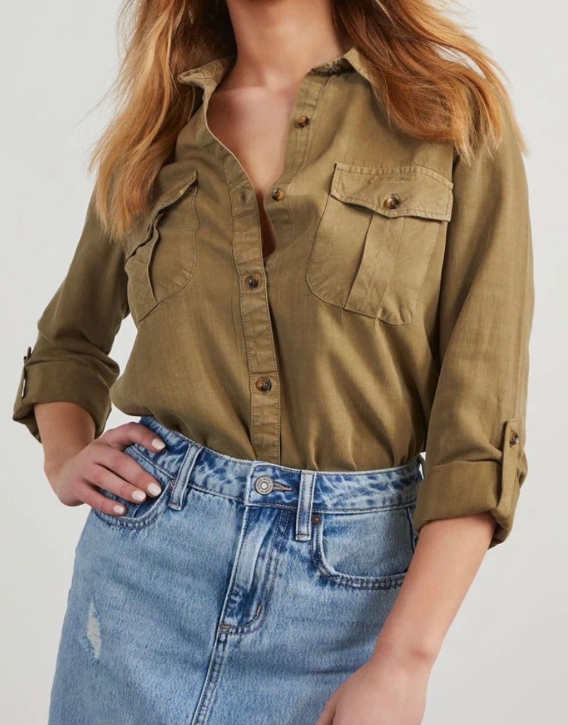 Collared Neck Roll-Tab Sleeve Denim Top