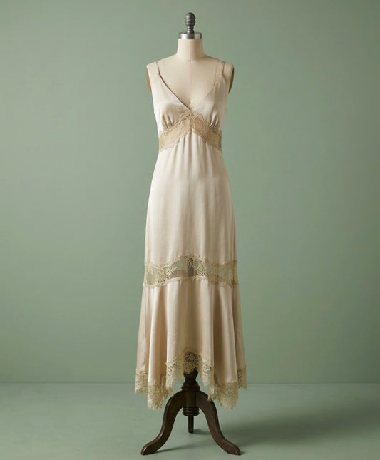 Woven Satin Lace Trim Maxi Dress
