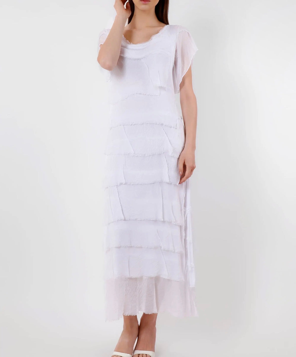 Italian Silk Miriam Short Sleeve Ruffle Dress (White)