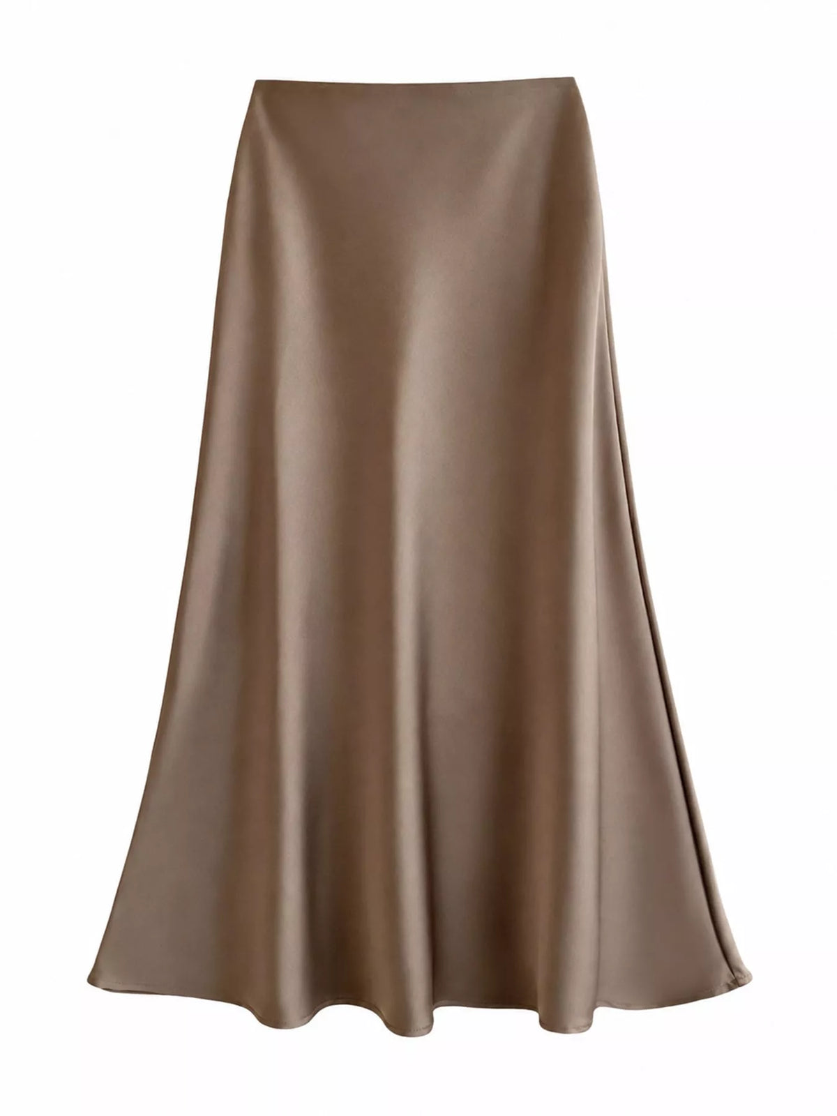 Front view of a brown high-waisted satin midi skirt with a flared silhouette