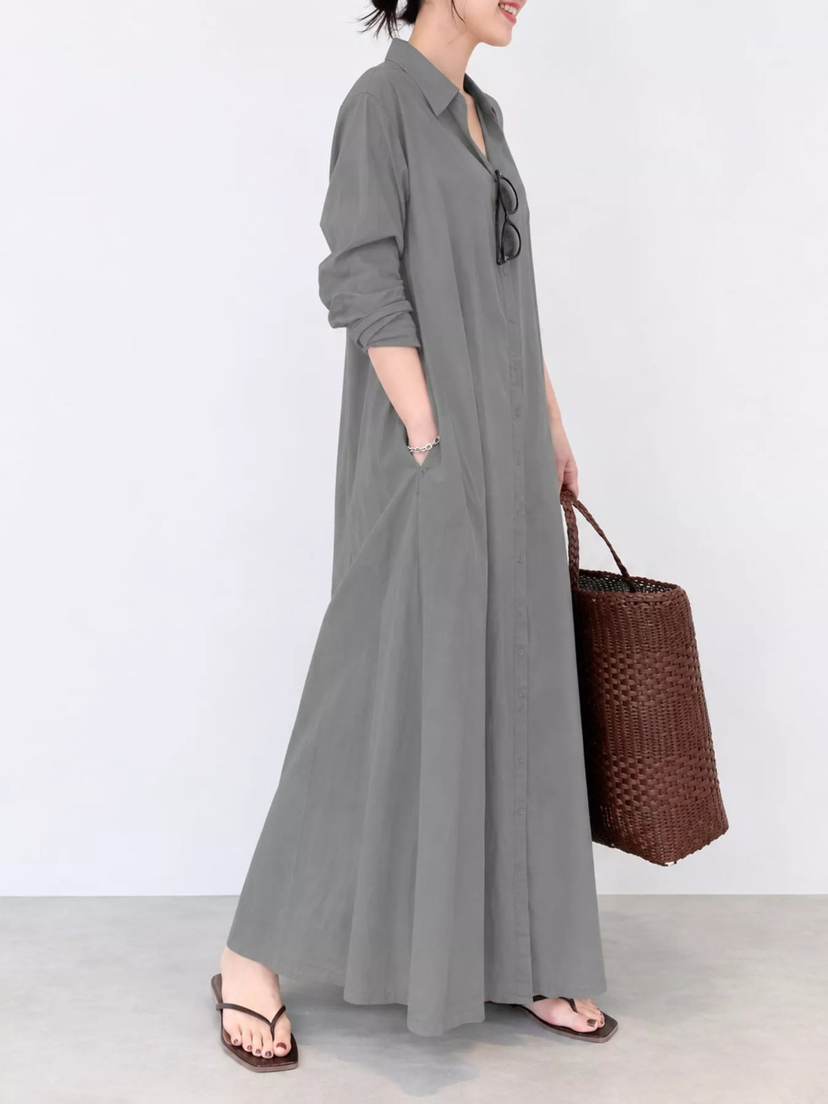 Gray button-front long-sleeve maxi shirt dress with collar and flared skirt