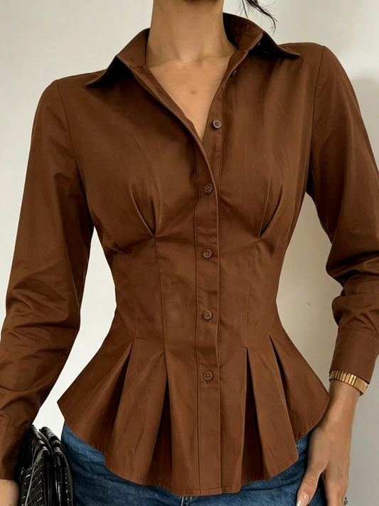 Dark brown button-down peplum blouse with fitted waist, long sleeves, front buttons