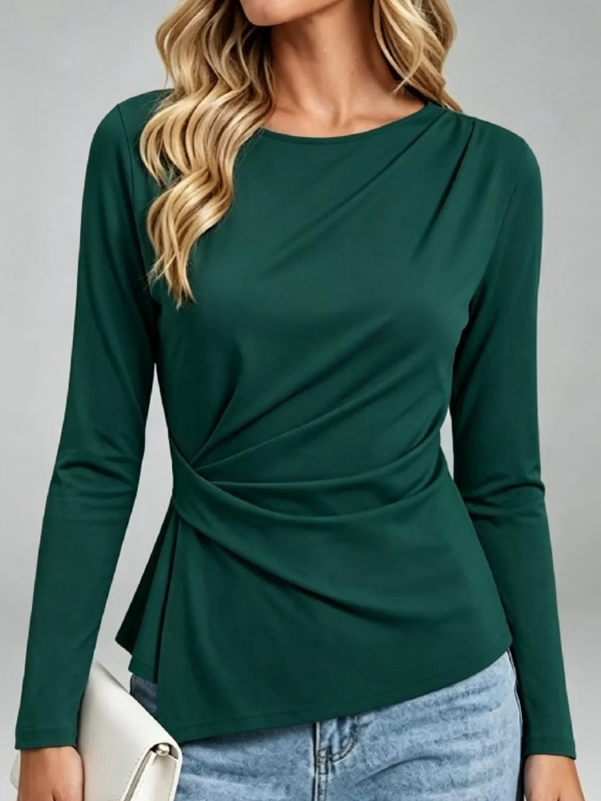 Green ruched-waist long-sleeve t-shirt with gathered front wrap seam