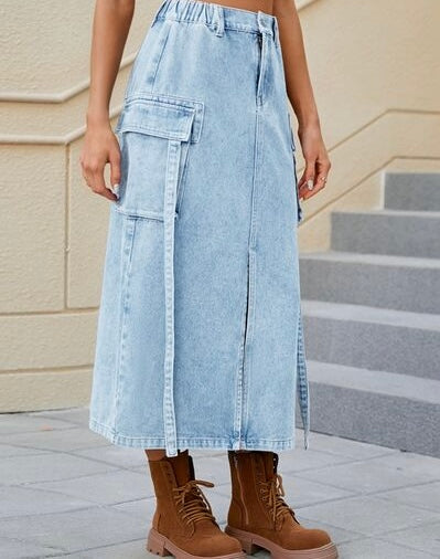 Slit Pocketed High Waist Denim Skirt