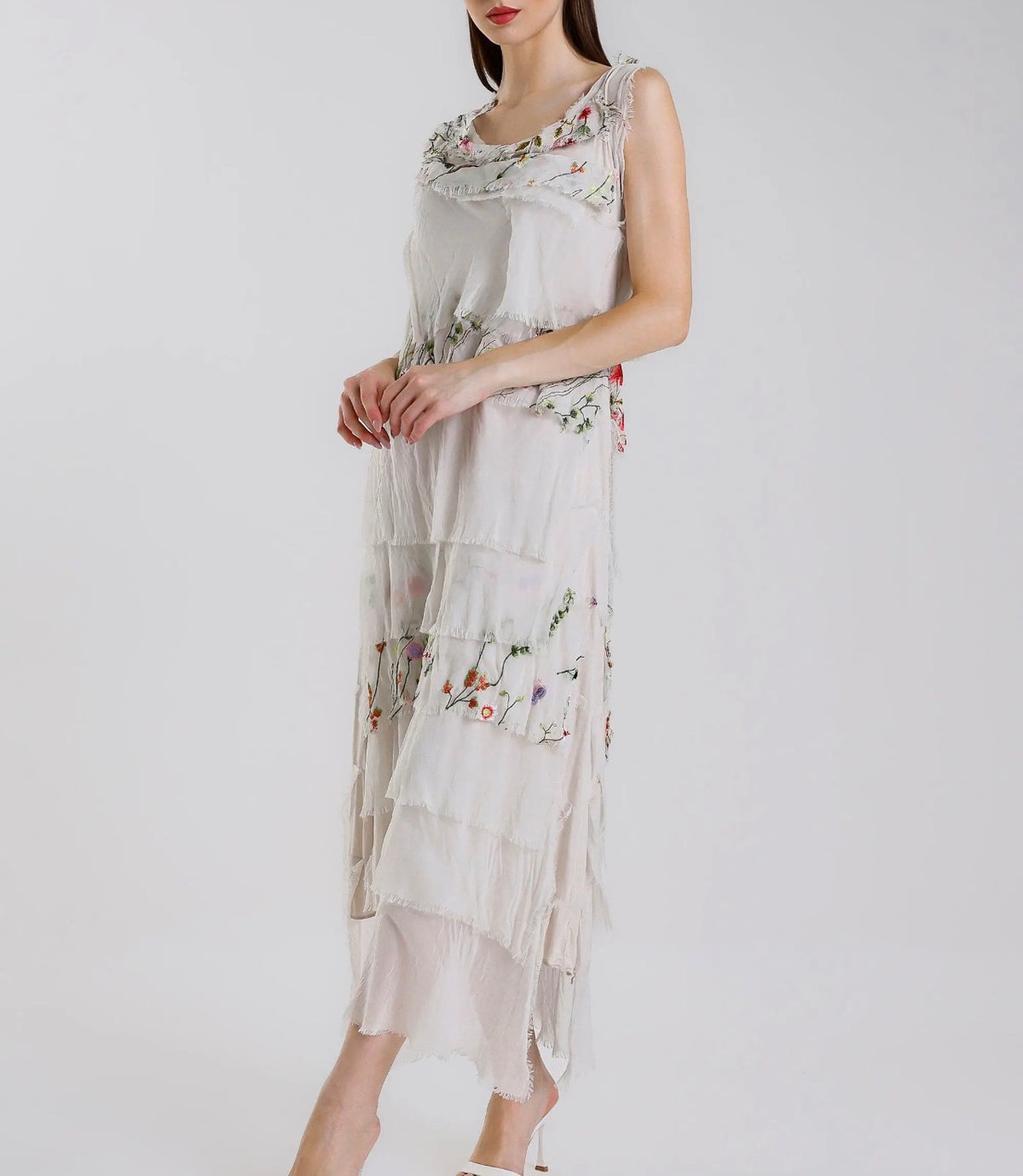 Embroidered Italian Silk Maxi Ruffle Dress (Beige)